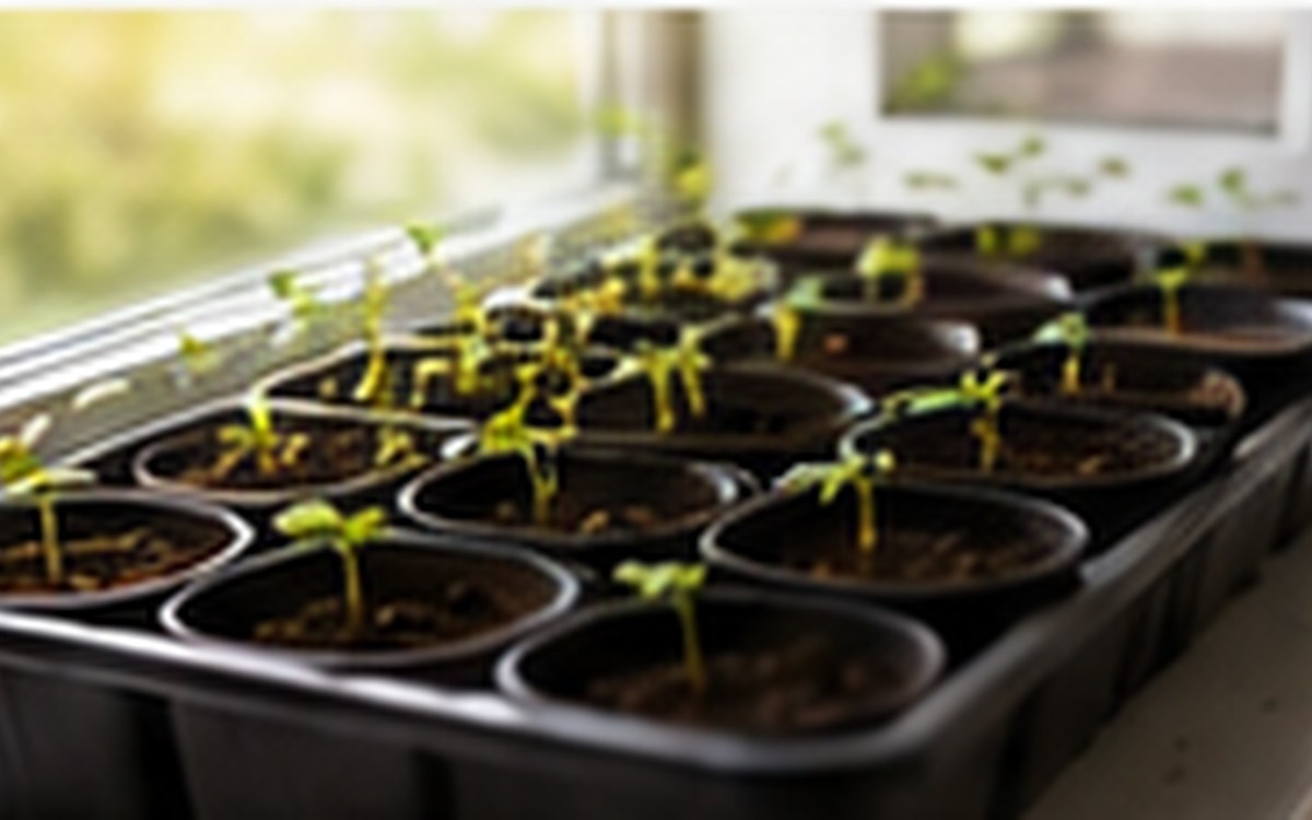 Indoor seed starting tray with young green seedlings near a bright window